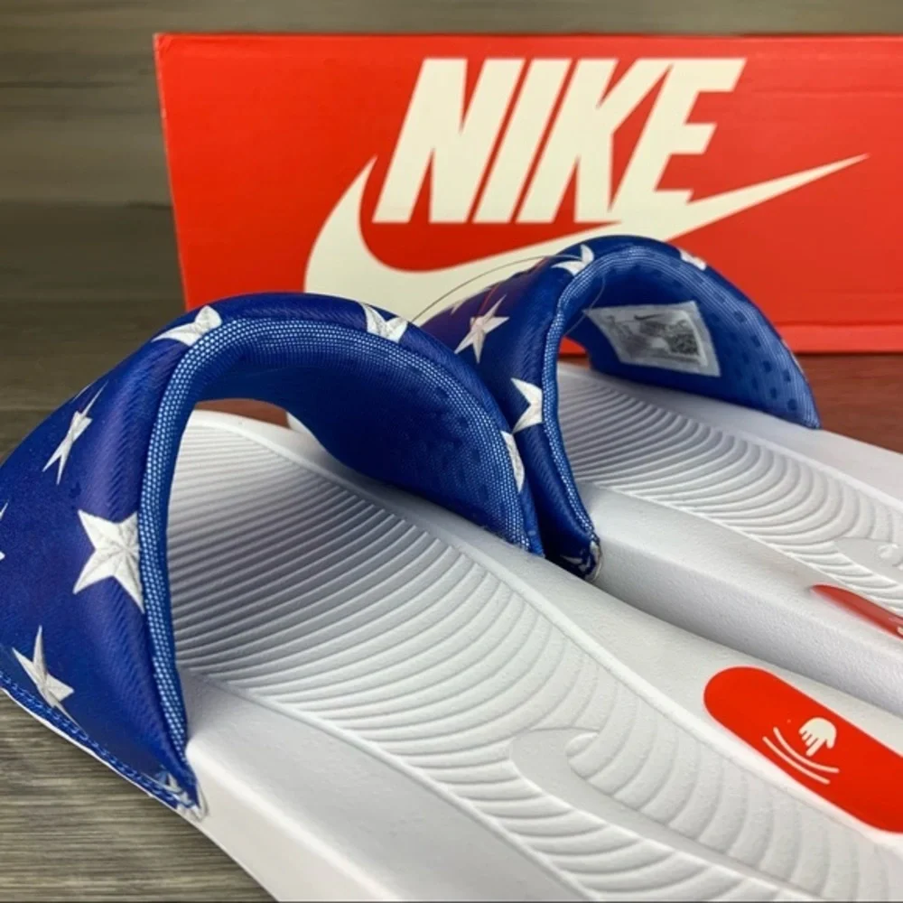 Red White Blue Patriotic USA Nike Star Print Slides,Mens 7, Womens 8.5
